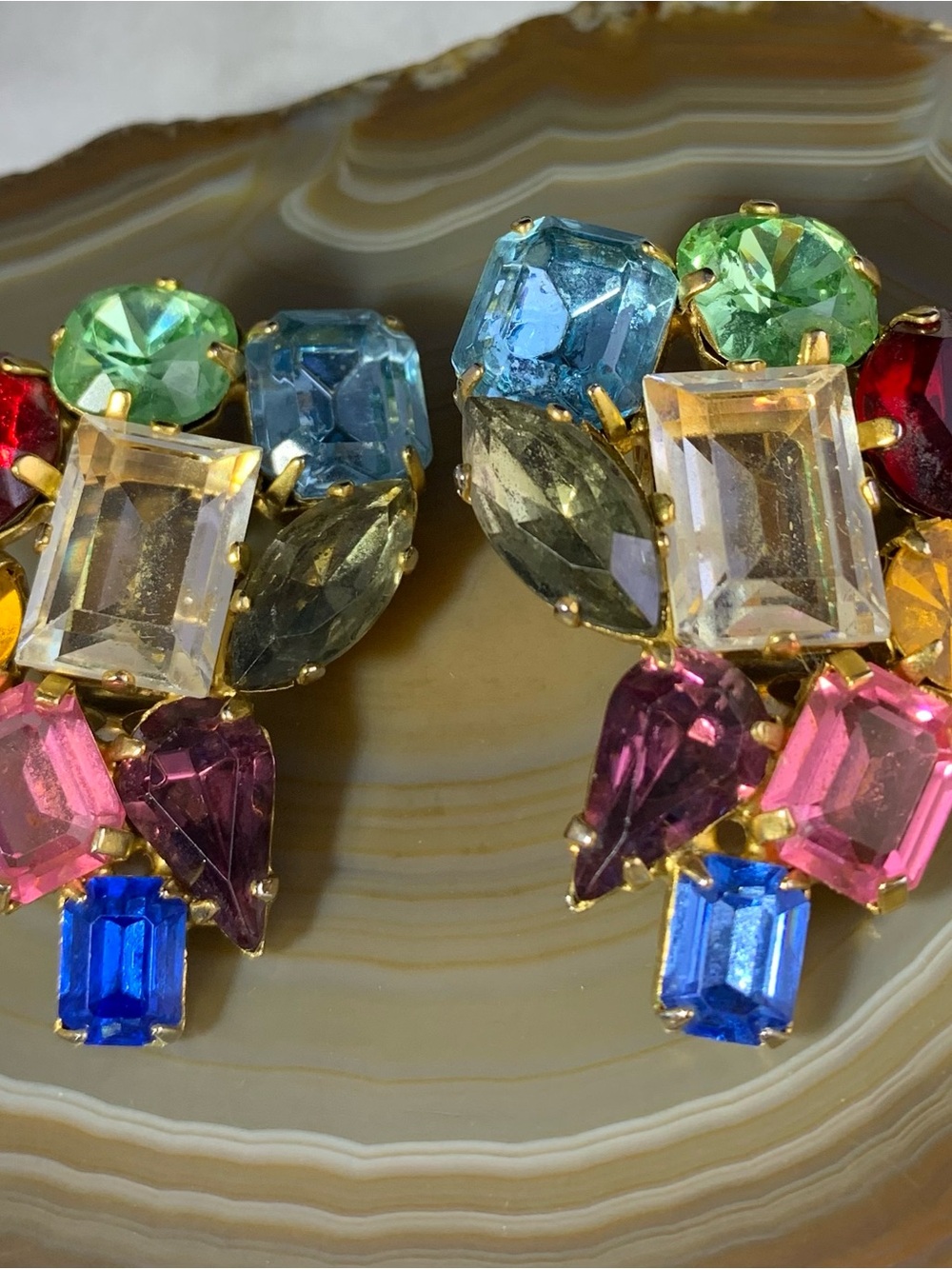 Vintage Multi colored Art Glass Cluster Clip On Earrings